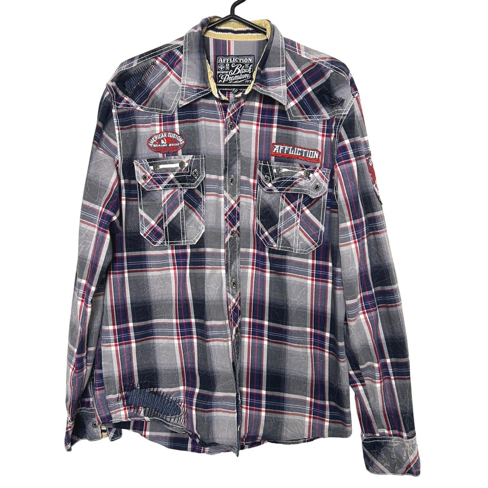 Affliction Button Down Shirt Men XL Grey Plaid Black Premium Distressed Y2K Moto